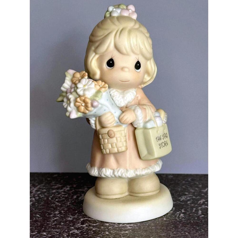 Precious Moments Girl w Flowers Shopping Bag Figurine Collectible